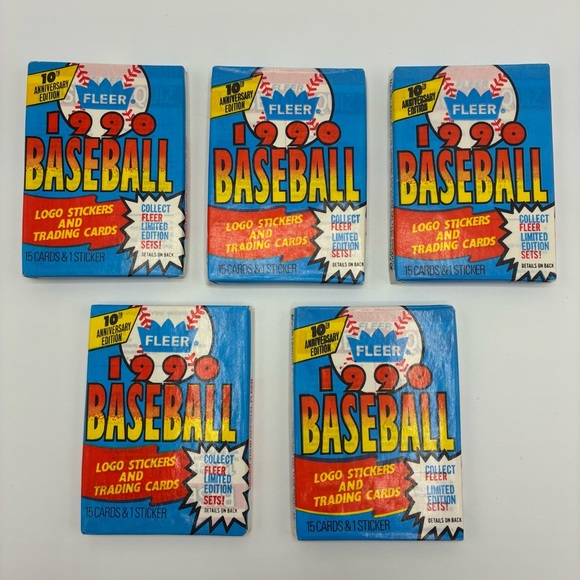 Fleer Other - Lot of 5 1990 Fleer‎ Baseball Wax Pack Factory Sealed MLB Vintage